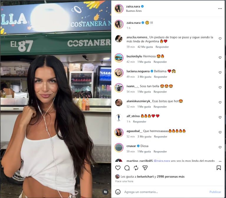 El look de Zaira Nara para comer un sandwich de bondiola en Costanera Norte.