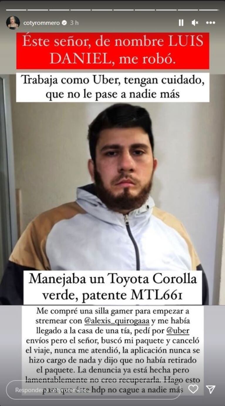 El mal momento que vivió Coti Romero: un hombre le robó y ella lo escrachó en sus stories de Instagram
