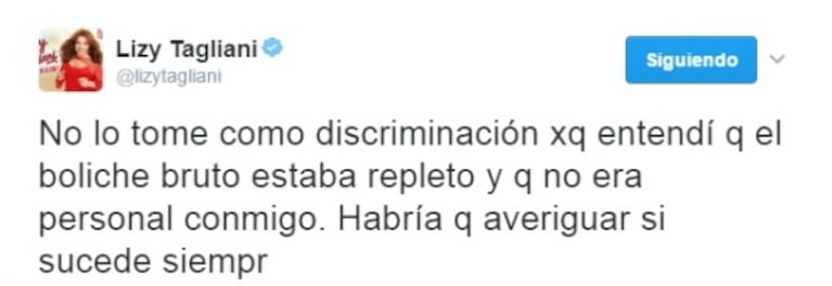 El malestar de Lizy Tagliani al no poder ingresar a un boliche en Mar del Plata: "Cuando el chico me dijo que no podía pasar, yo le contesté 'no te preocupes, vuelvo otro día'"  