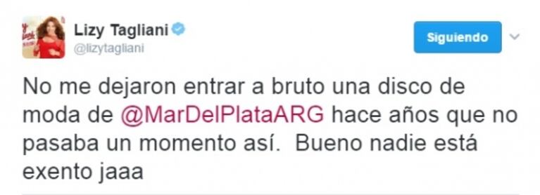 El malestar de Lizy Tagliani al no poder ingresar a un boliche en Mar del Plata: "Cuando el chico me dijo que no podía pasar, yo le contesté 'no te preocupes, vuelvo otro día'"  