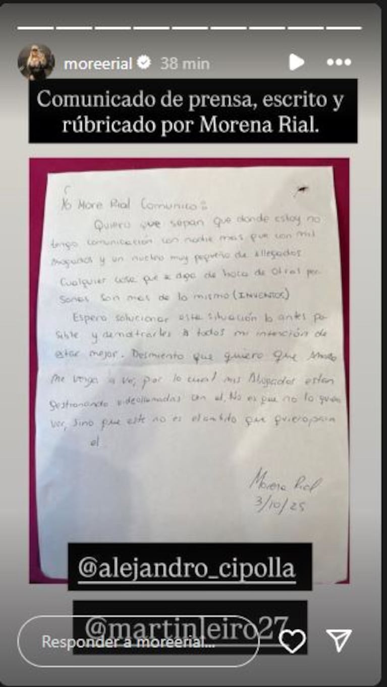 El manuscrito de Morena Rial desde la cárcel de Magdalena.