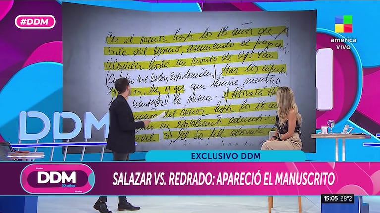 El manuscrito que habrían firmado Luciana Salazar y Martín Redrado por el que hoy está judicializado el economista (Foto: captura de América).