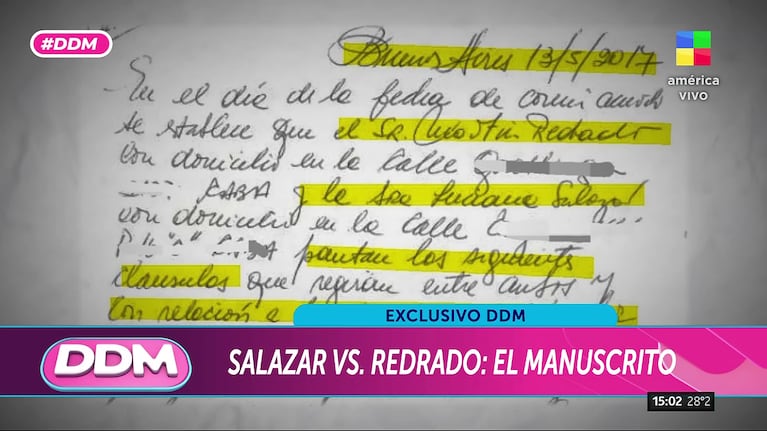 El manuscrito que habrían firmado Luciana Salazar y Martín Redrado por el que hoy está judicializado el economista (Foto: captura de América).