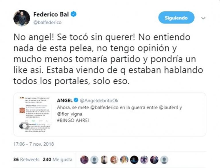 El "me gusta" de Fede Bal sobre la pelea entre Laurita Fernández y Flor Vigna y su aclaración: "Se tocó sin querer"