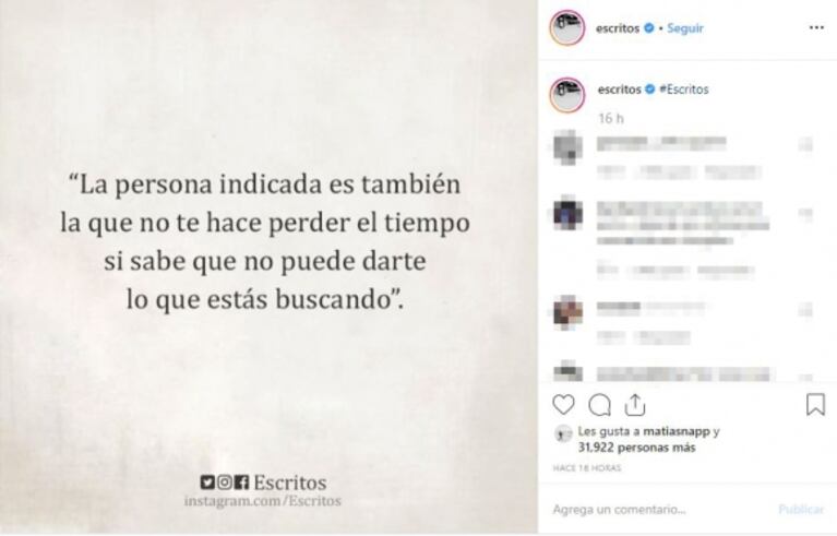 El "me gusta" de Mati Napp a una frase tras su separación de Flor Vigna: "La persona indicada es la que no te hacer perder el tiempo"