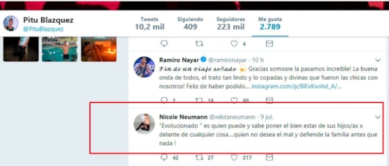 El "me gusta" de Pitu Blázquez, el exnovio de Mica Viciconte, a un tweet de Nicole Neumann 