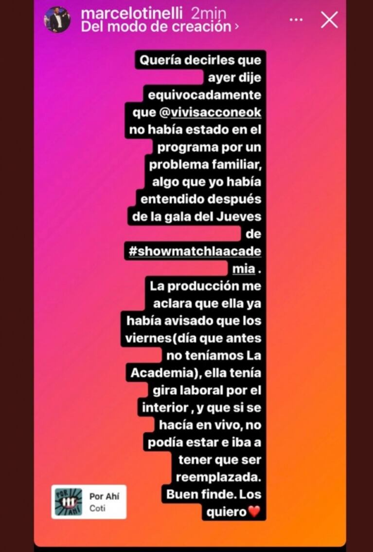 El mea culpa de Marcelo Tinelli tras la ausencia de Viviana Saccone en La Academia: "Equivocadamente dije que había tenido un problema familiar"