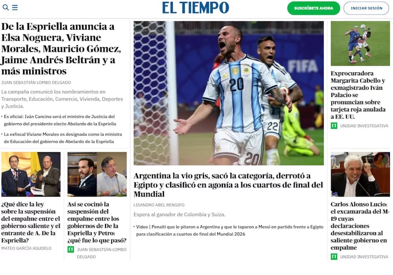 El medio colombiano El Tiempo destacó que Argentina "sacó la categoría" para clasificarse a los cuartos de final del Mundial.
Fuente: Captura El Tiempo