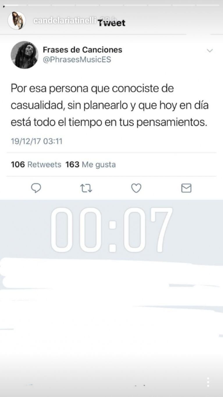 El melancólico mensaje que compartió Cande Tinelli, a 2 semanas de confirmar su ruptura de Franco Masini: "Por esa persona que conociste de casualidad y hoy está todo el tiempo en tus pensamientos"