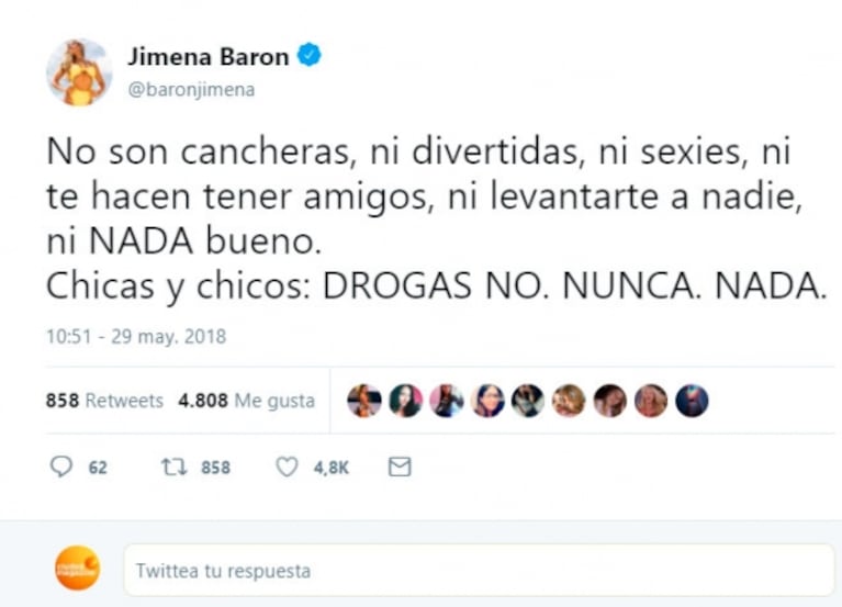 El mensaje anti drogas de Jimena Barón: "No son cancheras, ni divertidas, ni te hacen tener más amigos"