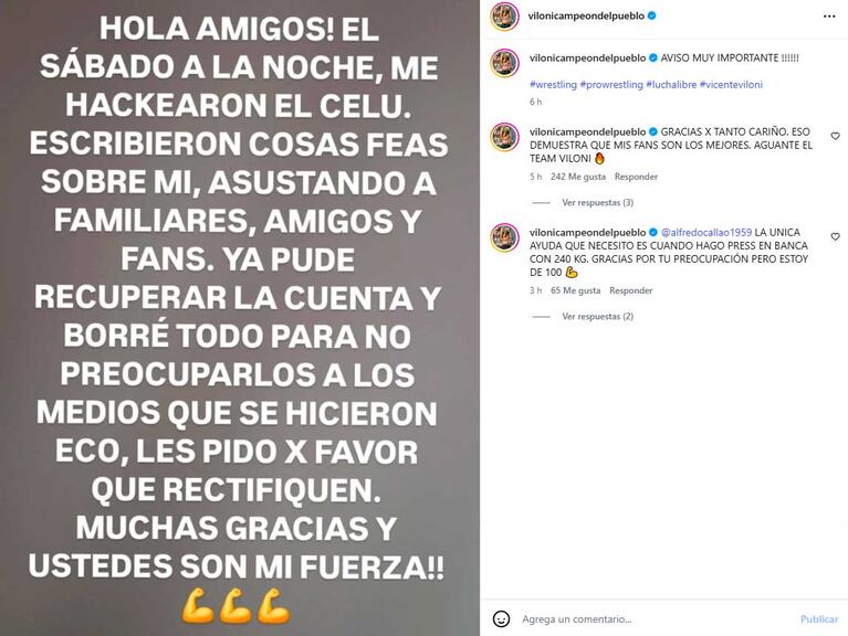 El mensaje de aclaración de Vicente Viloni (Foto: Instagram @vilonicampeondelpueblo)