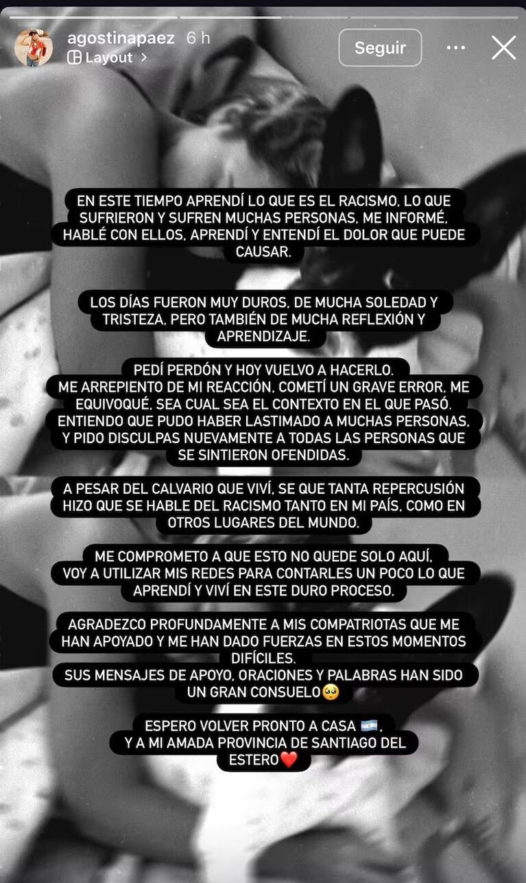 El mensaje de Agostina Páez en Instagram desde Brasil, donde quedó detenida tras sus gestos racistas. Foto: IG