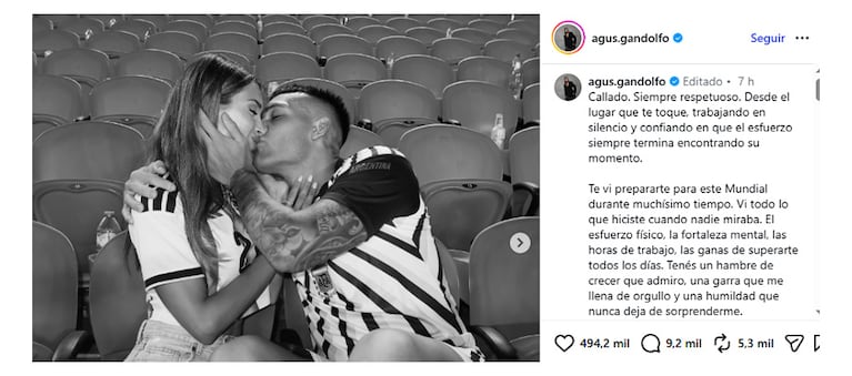 El mensaje de Agustina Gandolfo. Captura Instagram agus.gandolfo