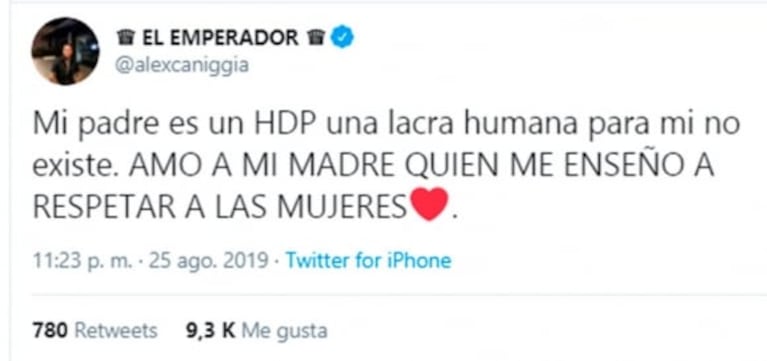 El mensaje de Alexander Caniggia contra su padre tras las declaraciones de Mariana Nannis: "Es una lacra"