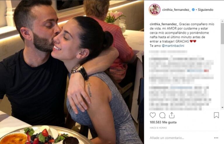 El mensaje de amor de Cinthia Fernández a su novio: "Gracias compañero mío de vida"