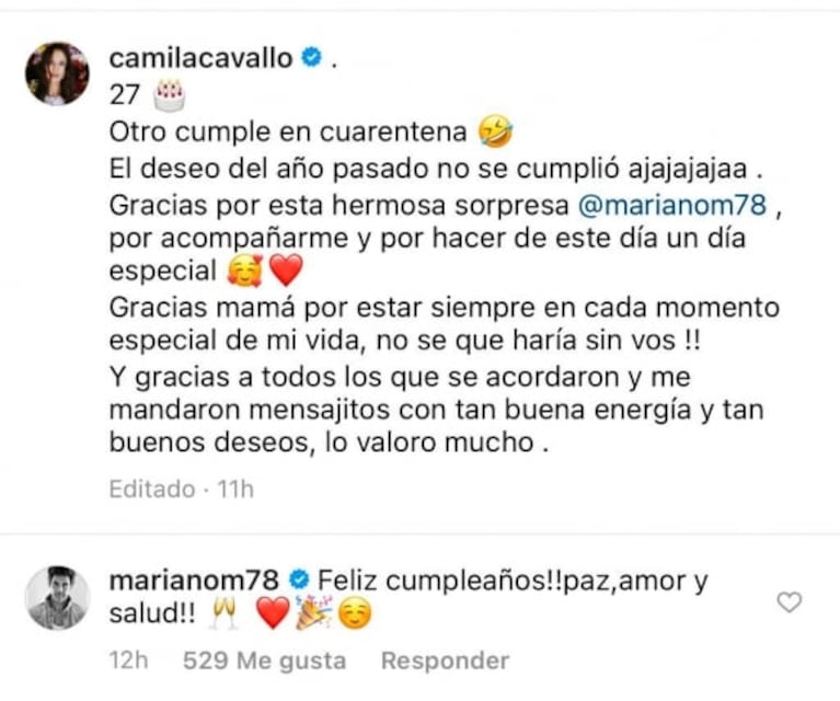 El mensaje de Camila Cavallo sobre su festejo de cumpleaños junto a Mariano Martínez que despertó rumores de reconciliación: "Gracias por acompañarme"