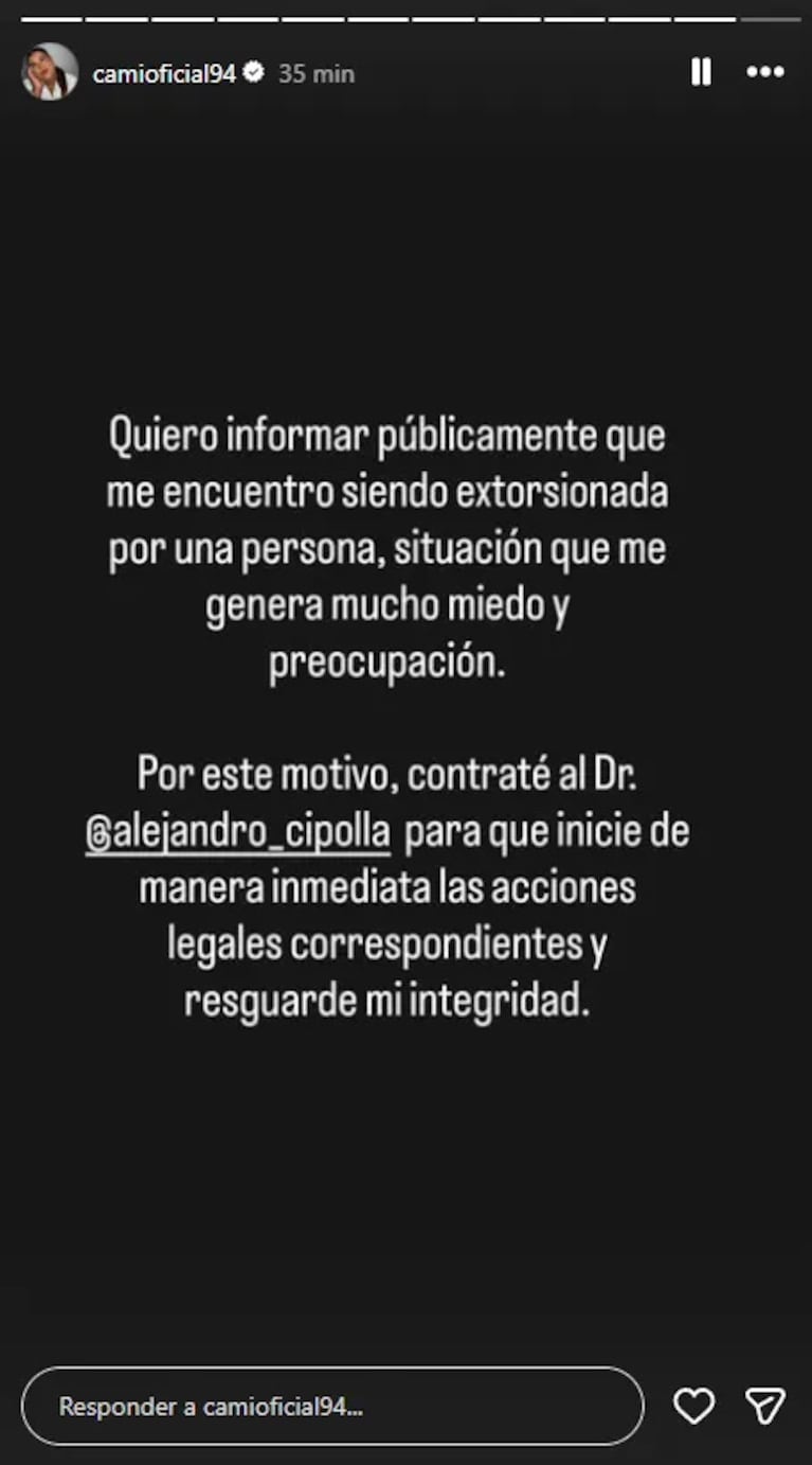 El mensaje de Camila Deniz. Captura Instagram camioficial94.