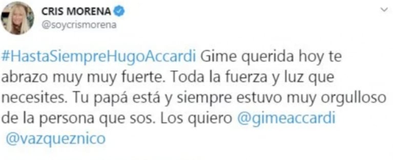 El mensaje de Cris Morena a Gimena Accardi por la muerte de su papá: "Siempre estuvo orgulloso de la persona que sos"