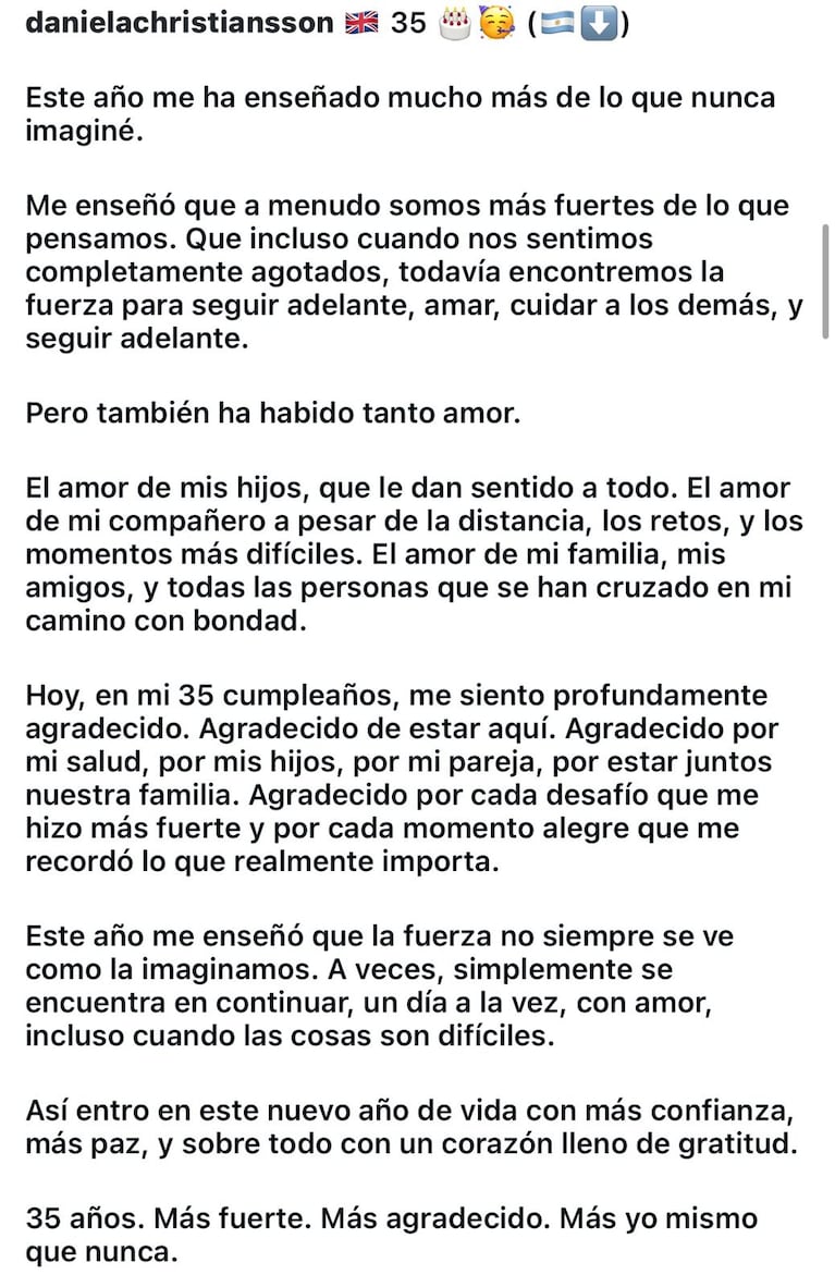 El mensaje de Daniela Christiansson por su cumpleaños (Foto: Instagram).