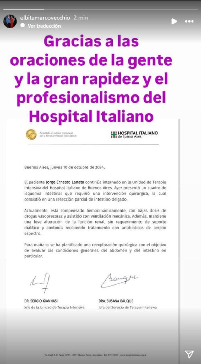 El mensaje de Elba Marcovecchio en Instagram.