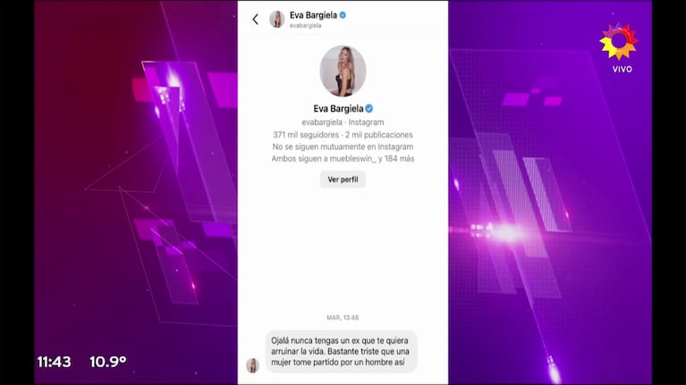 El mensaje de Eva Bargiela a Mariana Brey (Foto: captura de Socios del Espectáculo).