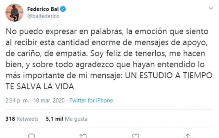 El mensaje de Fede Bal tras el cariño recibido luego de contar que tiene cáncer: "Soy feliz de tenerlos"