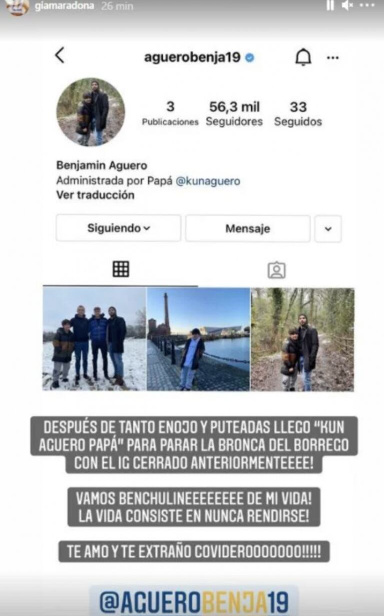 El mensaje de Gianinna Maradona a su hijo Benja, que se contagió de coronavirus en Inglaterra con Kun Agüero: "¡Te extraño covidero!"