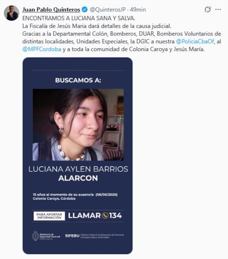 El mensaje de Juan Pablo Quinteros, ministro de Seguridad de Córdoba, sobre el hallazg de Luciana  (Foto: X.com/ @QuinterosJP)