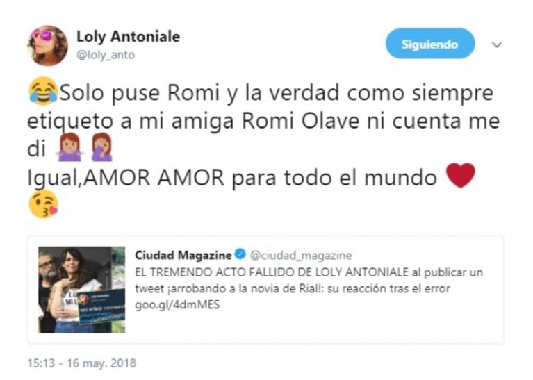 El mensaje de Loly Antoniale tras arrobar a la novia de Rial en las redes: "Ni cuenta me di"