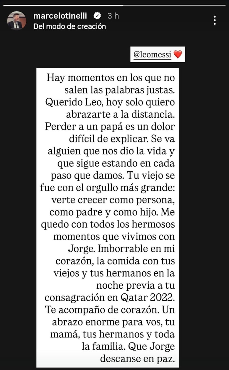 El mensaje de Marcelo Tinelli a la familia Messi tras la muerte de Jorge Messi (Foto: Instagram/@marcelotinelli).
