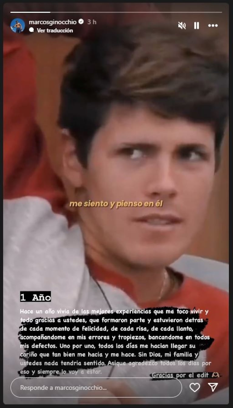 El mensaje de Marcos Ginocchio a un año de ganar Gran Hermano (Foto: Instagram @marcosginocchio)