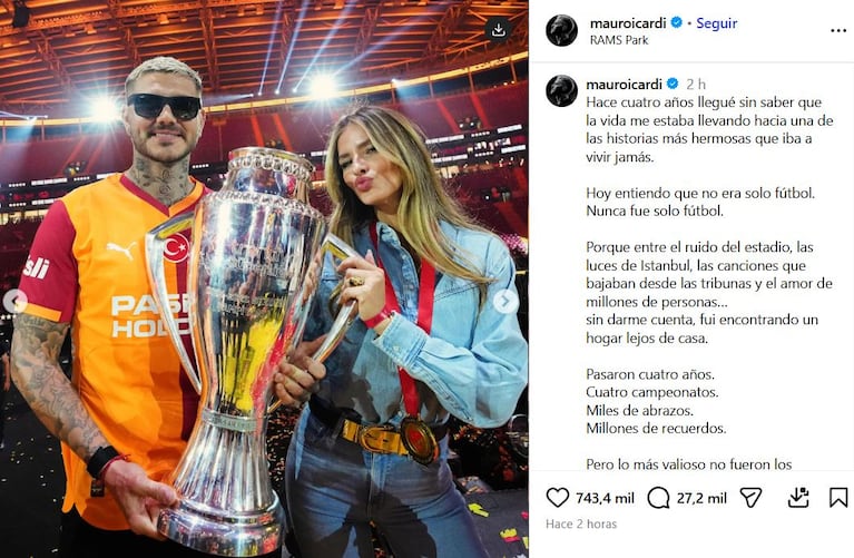 El mensaje de Mauro Icardi tras ganar otro campeonato en el Galatasaray (Foto: Instagram/@sangrejaponesa).