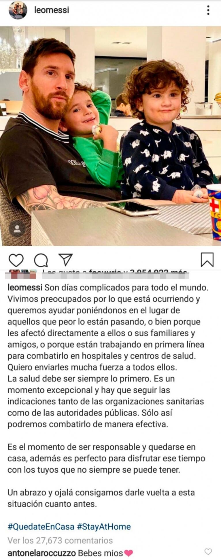 El mensaje de Messi tras la pandemia del coronavirus: "Son días complicados; quedate en casa"