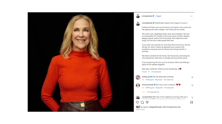 El mensaje de Michael Bublé en Instagram a Catherine O’Hara