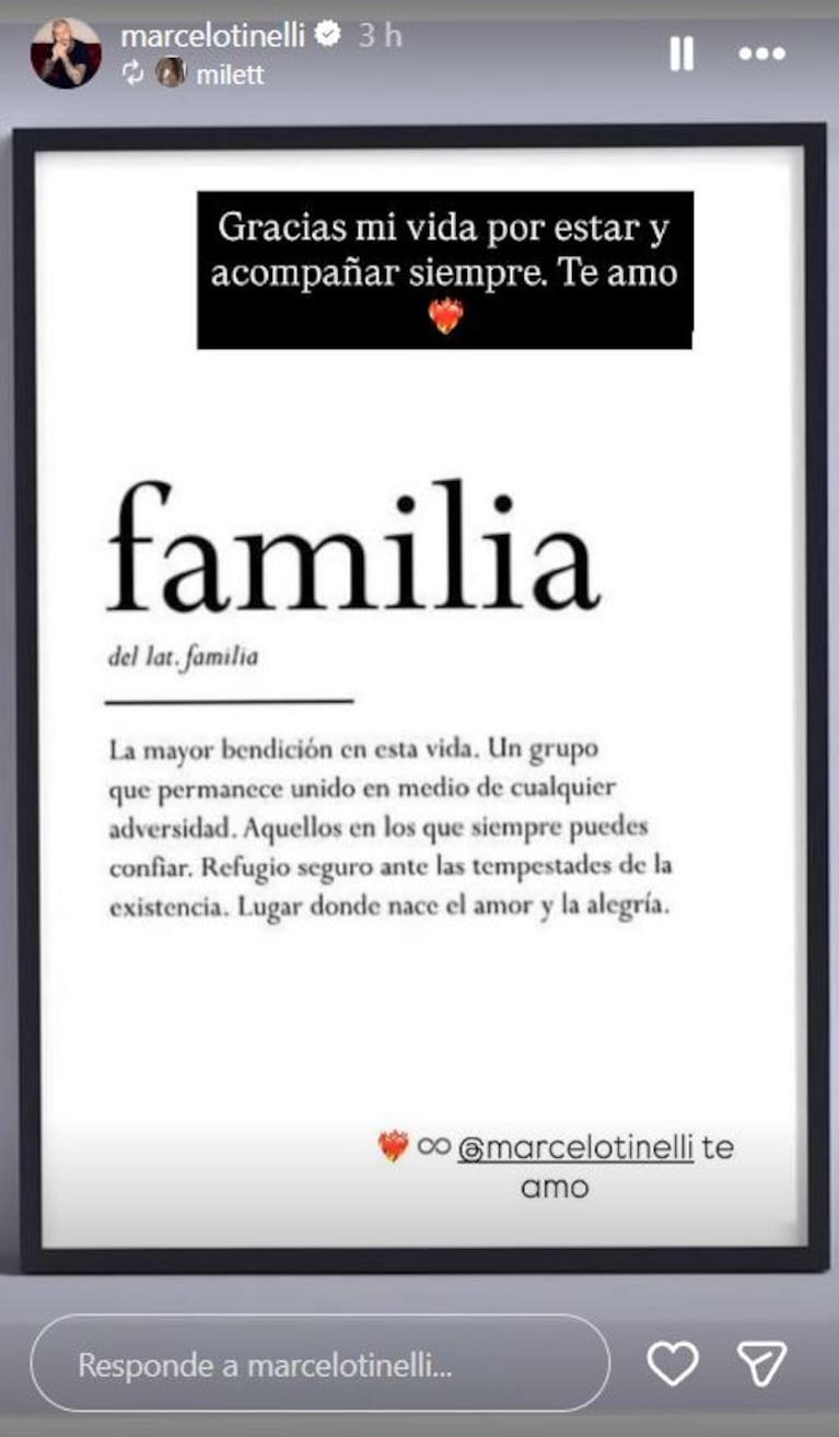 El mensaje de Milett Figueroa a Marcelo Tinelli. Foto: Captura de Instagram Stories (@marcelotinelli)