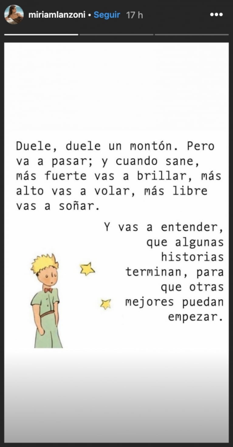 El mensaje de Miriam Lanzoni tras su escandalosa separación: "Duele un montón, pero cuando sane vas a brillar"