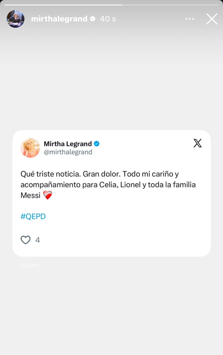 El mensaje de Mirtha Legrand a la familia de Lionel Messi por la muerte de Jorge Messi (Foto: Instagram/@mirthalegrand).