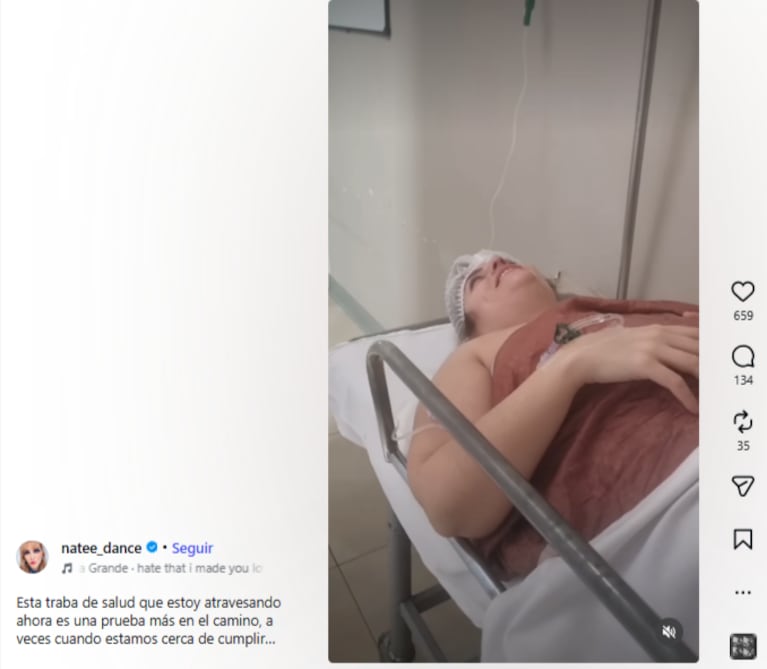 El mensaje de Natee tras ser operada. Fuente: Instagram / @natee_dance