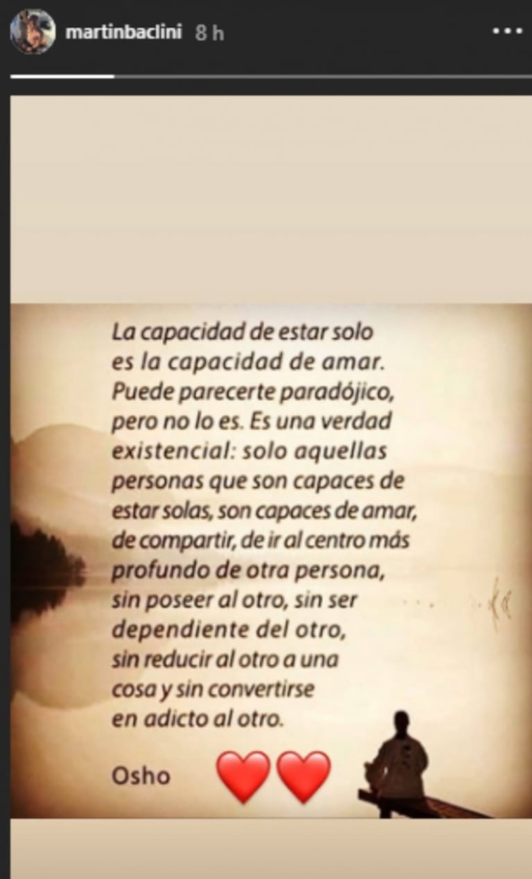 El mensaje de 'paz y amor' de Martín Baclini en medio de su guerra con Cinthia Fernández: "Amar sin reducir al otro a una cosa"