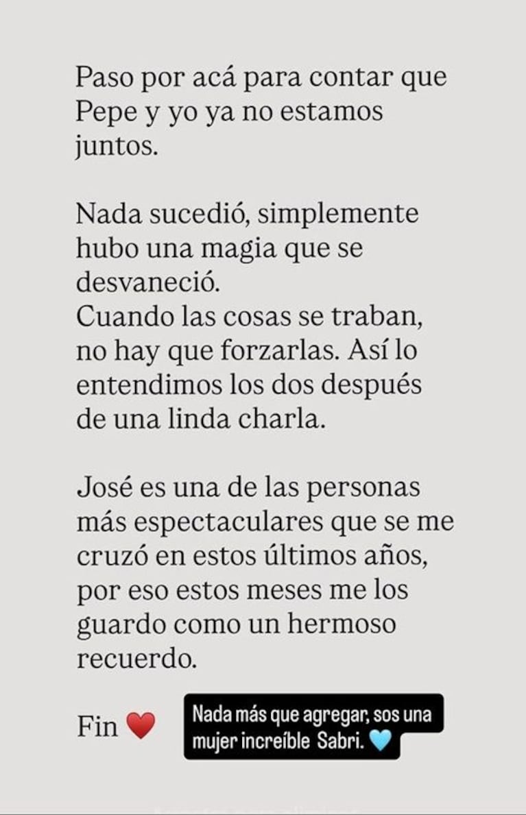 El mensaje de Pepe Chatruc a Sabrina Rojas tras el anuncio de la separación.