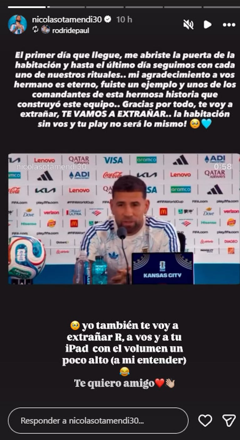 El mensaje de Rodrigo De Paul a Nicolás Otamendi tras su despedida de la Selección emocionó a los hinchas