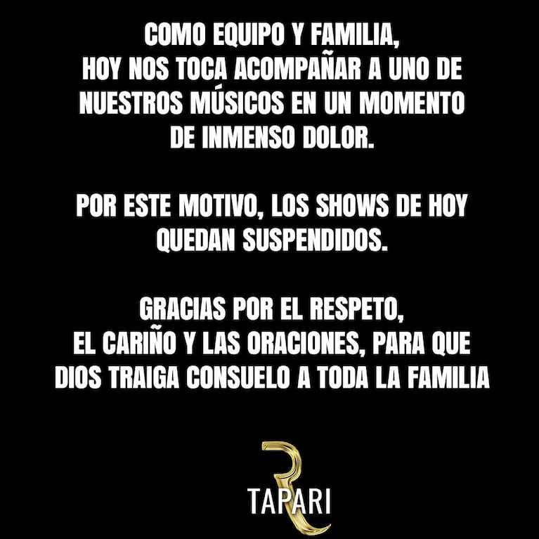 El mensaje de Rodrigo Tapari por la muerte de la hija de Juan Manuel Toloza (Foto: @rodrigo_tapari_oficial)