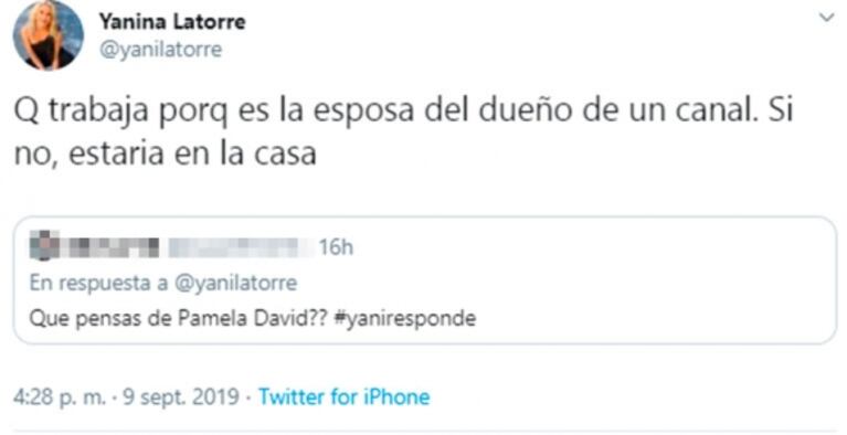 El mensaje de Yanina Latorre contra Pamela David: "Sino fuera la esposa del dueño de un canal, estaría en la casa"