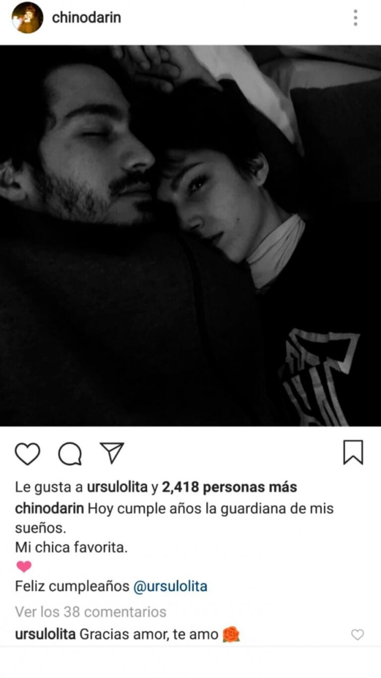 El mensaje del Chino Darín a Úrsula Corberó: "Hoy cumple años la guardiana de mis sueños"