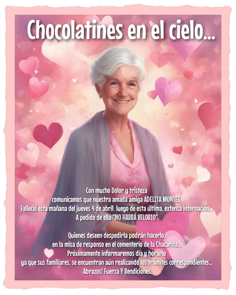 El mensaje que compartieron sus allegados en redes tras la muerte de Adela Montes.