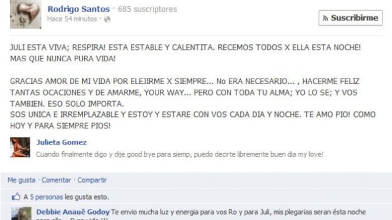El mensaje que escribió Rodrigo Santos a las 3.47am del sábado, desmintiendo la muerte de su novia.