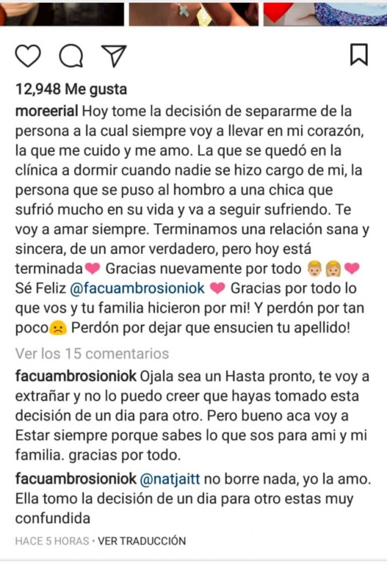 El mensaje que Facundo Ambrosioni escribió y borró luego de que Morena Rial anunció la separación