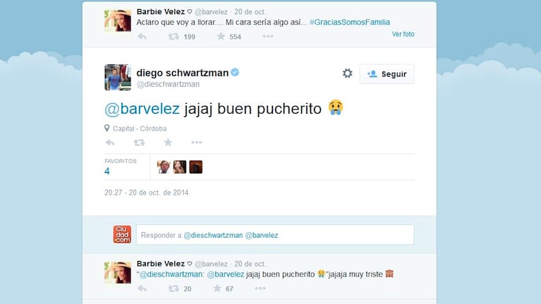El mensaje que intercambiaron Barbie Vélez y Diego Schwartzman en Twitter.