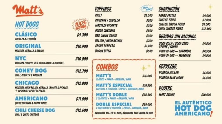 El menú de Matt's (Foto: Instagram @matts.hotdogs)