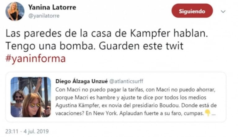 El misterioso mensaje de Yanina Latorre contra Agustina Kämpfer, tras ver las fotos de la periodista en Nueva York